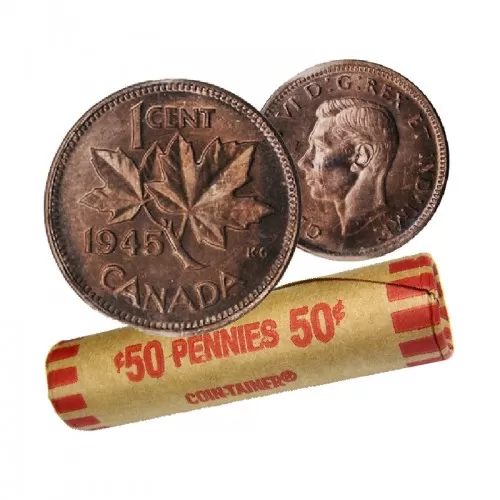 1945 Canadian 1-Cent Maple Leaf Twig Penny Coin Roll (Circulated)