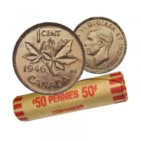 1946 Canadian 1-Cent Maple Leaf Twig Penny Coin Roll (Circulated)