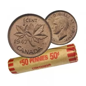 1947 Canadian 1-Cent Maple Leaf Twig Penny Coin Roll (Circulated)