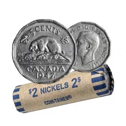 1947 MAPLE LEAF Canadian 5-Cent Beaver Nickel Coin Roll (Circulated)