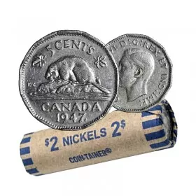 1947 MAPLE LEAF Canadian 5-Cent Beaver Nickel Coin Roll (Circulated)