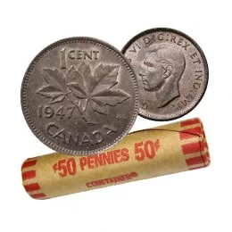 1947 MAPLE LEAF  Canadian 1-Cent Maple Leaf Twig Penny Coin Roll (Circulated)