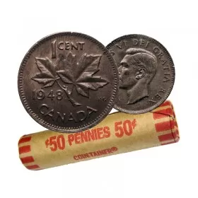 1948 Canadian 1-Cent Maple Leaf Twig Penny Coin Roll (Circulated)