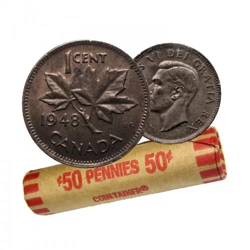 1948 Canadian 1-Cent Maple Leaf Twig Penny Coin Roll (Circulated)