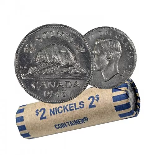 1948 Canadian 5-Cent Beaver Nickel Coin Roll (Circ)
