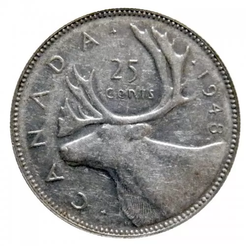 1948 Canadian 25-Cent Caribou Silver Quarter Coin (Circulated)