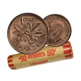 1949 Canadian 1-Cent Maple Leaf Twig Penny Coin Roll (Circulated)