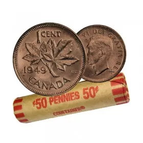 1949 Canadian 1-Cent Maple Leaf Twig Penny Coin Roll (Circulated)