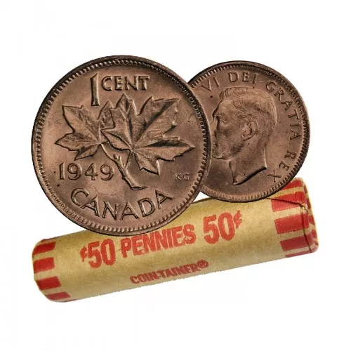 1949 Canadian 1-Cent Maple Leaf Twig Penny Coin Roll (Circulated)