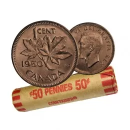 1950 Canadian 1-Cent Maple Leaf Twig Penny Coin Roll (Circulated)