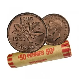 1950 Canadian 1-Cent Maple Leaf Twig Penny Coin Roll (Circulated)