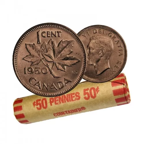 1950 Canadian 1-Cent Maple Leaf Twig Penny Coin Roll (Circulated)