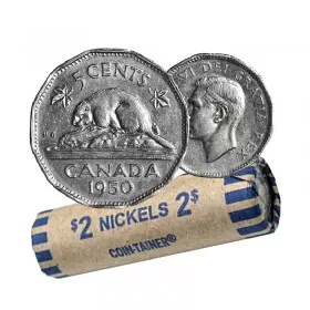 1950 Canadian 5-Cent Beaver Nickel Coin Roll (VF-EF)