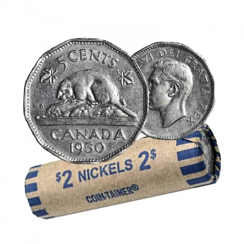 1950 Canadian 5-Cent Beaver Nickel Coin Roll (VF-EF)