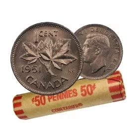 1951 Canadian 1-Cent Maple Leaf Twig Penny Coin Roll (Circulated)