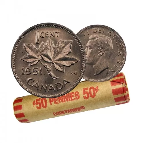 1951 Canadian 1-Cent Maple Leaf Twig Penny Coin Roll (Circulated)