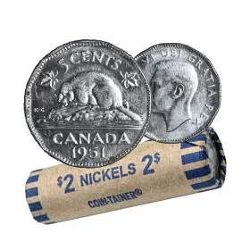 1951 Canadian 5-Cent Beaver Chrome/Nickel Coin Roll (Circulated)