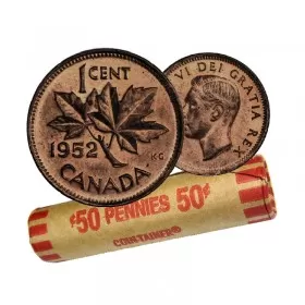 1952 Canadian 1-Cent Maple Leaf Twig Penny Coin Roll (Circulated)