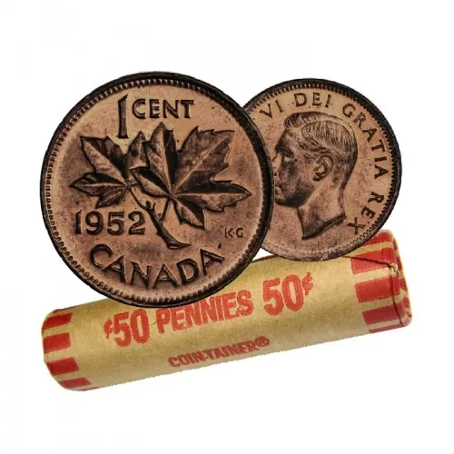 1952 Canadian 1-Cent Maple Leaf Twig Penny Coin Roll (Circulated)