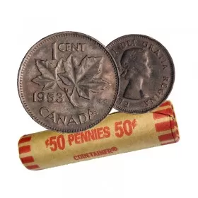 1953 Canadian 1-Cent Maple Leaf Twig Penny Coin Roll (Circulated)