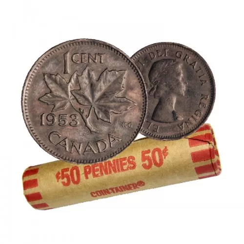 1953 Canadian 1-Cent Maple Leaf Twig Penny Coin Roll (Circulated)