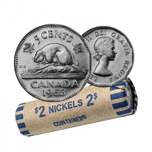 1953 Canadian 5-Cent Nickel Coin Roll (AU)