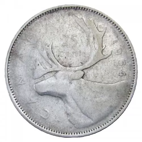 1954 Canadian 25-Cent Caribou Silver Quarter Coin (Circulated)