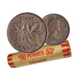 1954 Canadian 1-Cent Maple Leaf Twig Penny Coin Roll (Circulated)