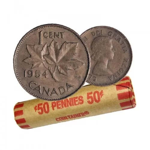 1954 Canadian 1-Cent Maple Leaf Twig Penny Coin Roll (Circulated)