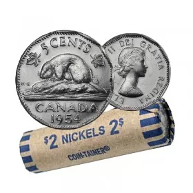 1954 Canadian 5-Cent Beaver Nickel Coin Roll (Circulated)