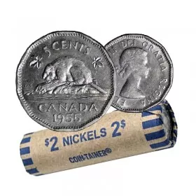1955 Canadian 5-Cent Beaver Nickel Coin Roll (Circulated)