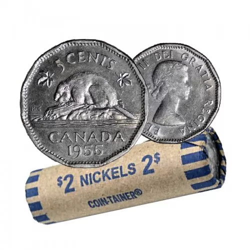 1955 Canadian 5-Cent Beaver Nickel Coin Roll (Circulated)