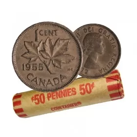 1955 Canadian 1-Cent Maple Leaf Twig Penny Coin Roll (Circulated)