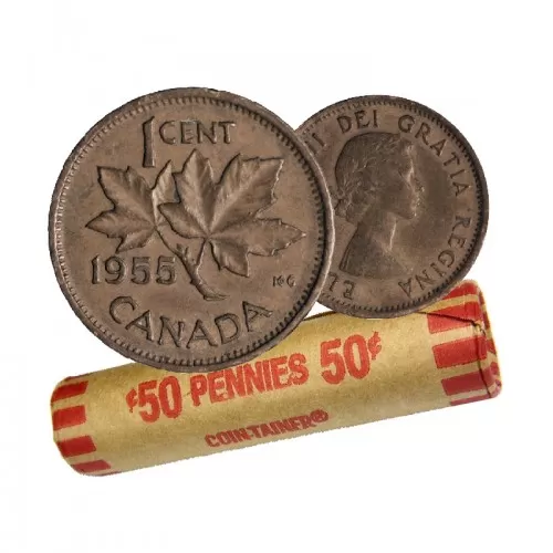 1955 Canadian 1-Cent Maple Leaf Twig Penny Coin Roll (Circulated)