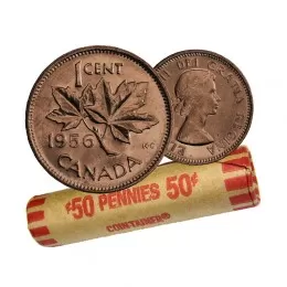 1956 Canadian 1-Cent Maple Leaf Twig Penny Coin Roll (Circulated)