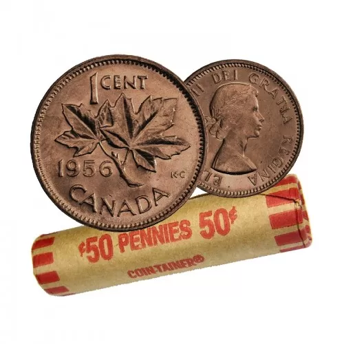 1956 Canadian 1-Cent Maple Leaf Twig Penny Coin Roll (Circulated)