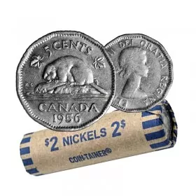 1956 Canadian 5-Cent Beaver Nickel Coin Roll (Circulated)