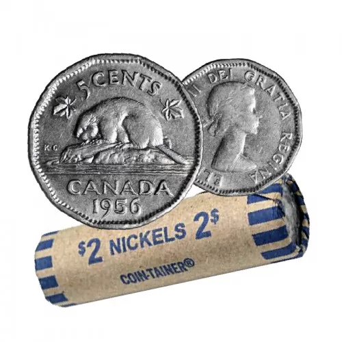 1956 Canadian 5-Cent Beaver Nickel Coin Roll (Circulated)