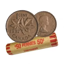 1957 Canadian 1-Cent Maple Leaf Twig Penny Coin Roll (AU-UNC)
