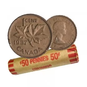 1957 Canadian 1-Cent Maple Leaf Twig Penny Coin Roll (AU-UNC)