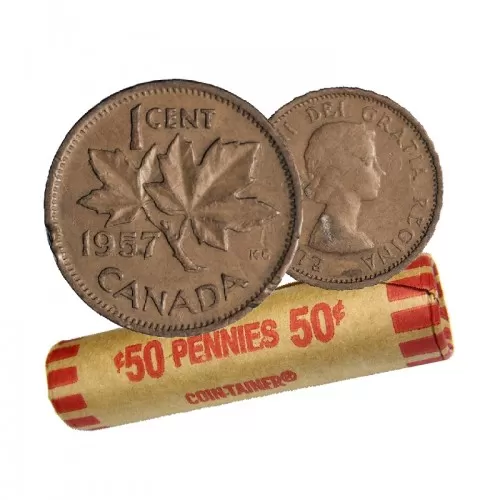 1957 Canadian 1-Cent Maple Leaf Twig Penny Coin Roll (AU-UNC)