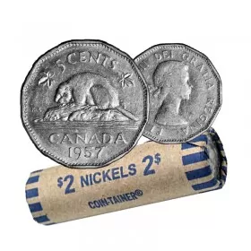 1957 Canadian 5-Cent Beaver Nickel Coin Roll (Circulated)