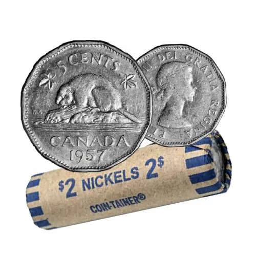 1957 Canadian 5-Cent Beaver Nickel Coin Roll (Circulated)