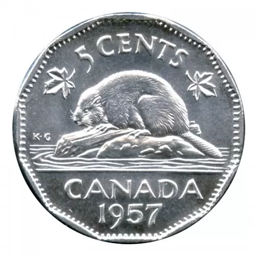 1957 Canadian 5-Cent Beaver Nickel Coin (Uncirculated)