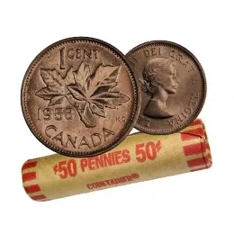 1958 Canadian 1-Cent Maple Leaf Twig Penny Coin Roll (Circulated)