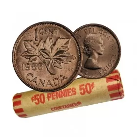 1958 Canadian 1-Cent Maple Leaf Twig Penny Coin Roll (Circulated)