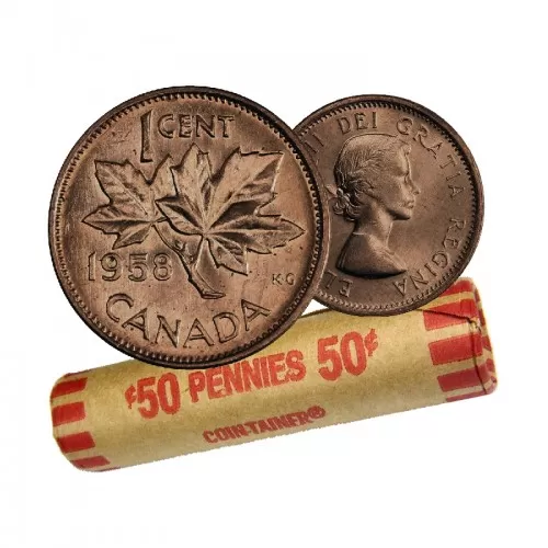 1958 Canadian 1-Cent Maple Leaf Twig Penny Coin Roll (Circulated)