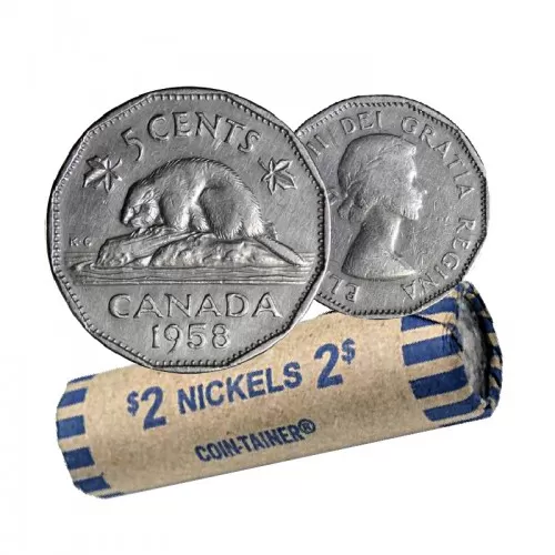 1958 Canadian 5-Cent Beaver Nickel Coin Roll (Circulated)