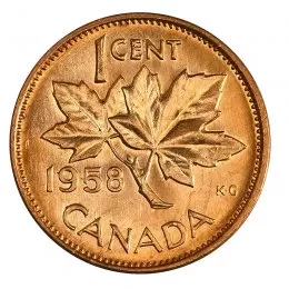 1958 Canadian 1-Cent Maple Leaf Twig Penny Coin (Brilliant Uncirculated)