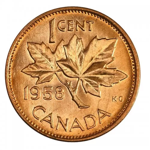 1958 Canadian 1-Cent Maple Leaf Twig Penny Coin (Brilliant Uncirculated)